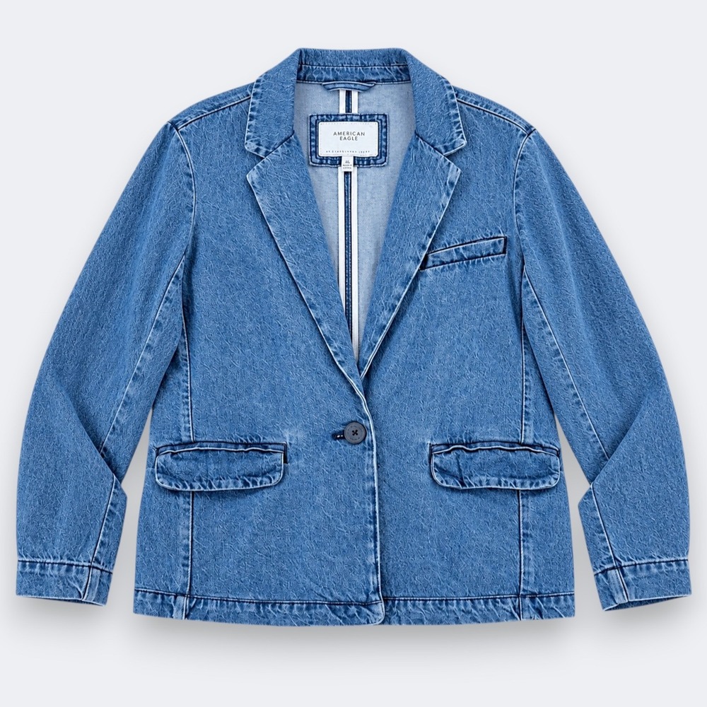 American Eagle Womens Denim Y2K 2000s Button Front Blazer Jacket M Blue Casual